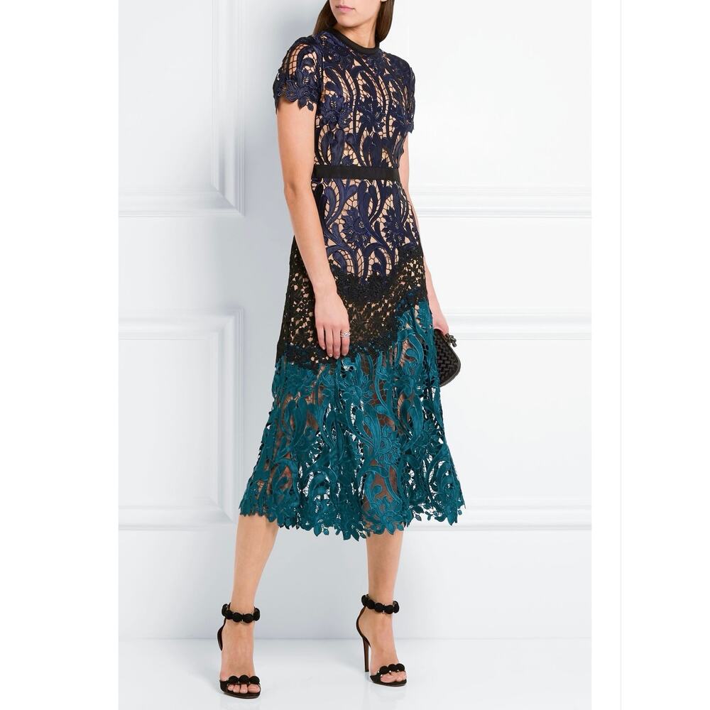 Self-Portrait Prairie Guipure Lace size 6 Midi Dress Black Turquoise